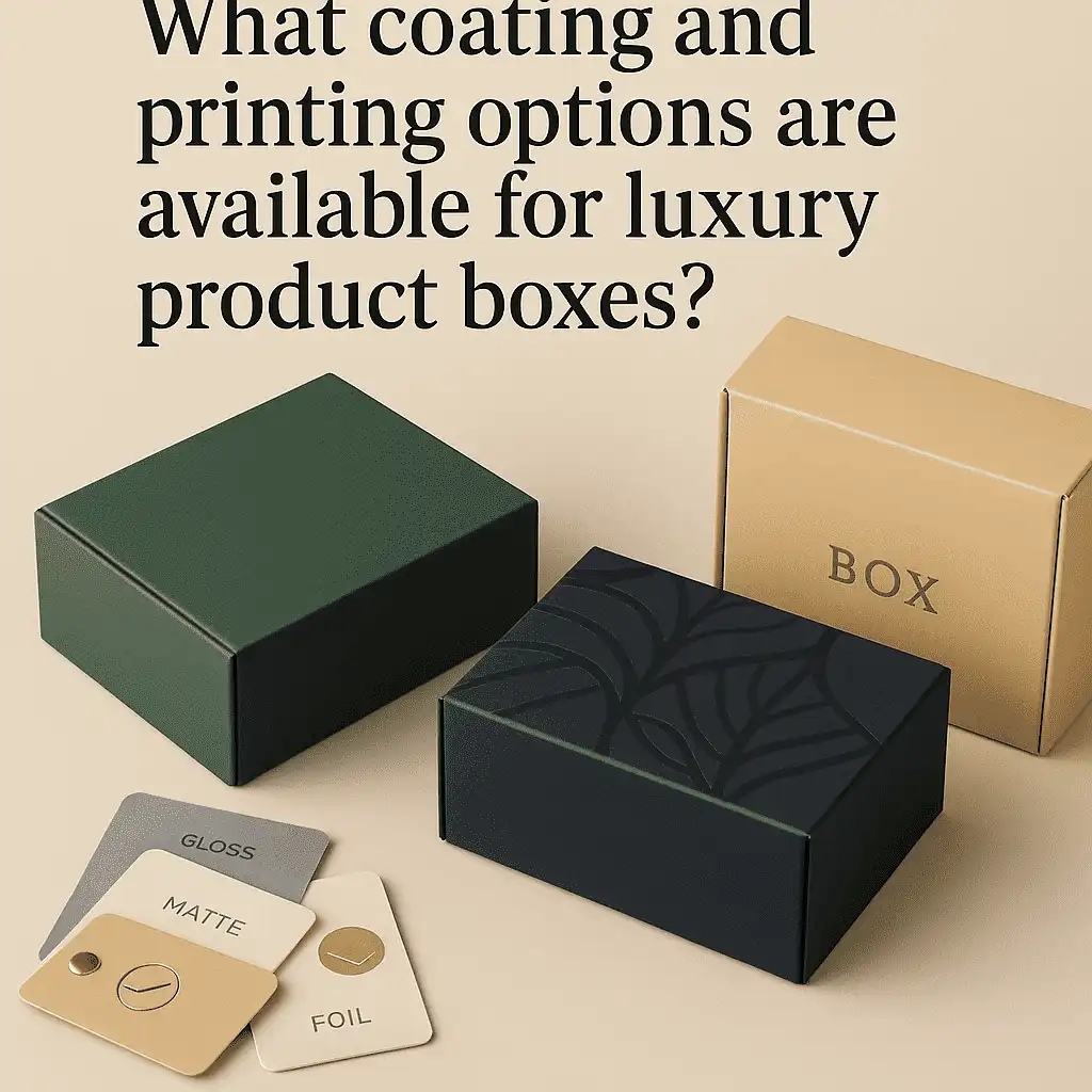What coating and printing options are available for luxury product boxes?